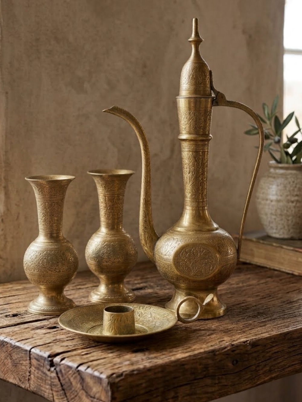Vintage Etched Brass teapot, Vases (2), & Candle Holder
MCM.